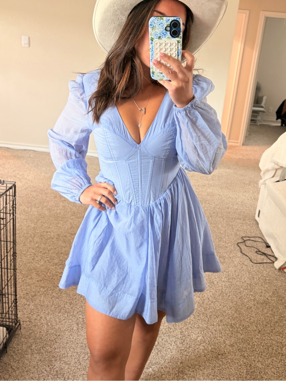 Gianni Bini blue V-Neck Puff Sleeve Mini Dress